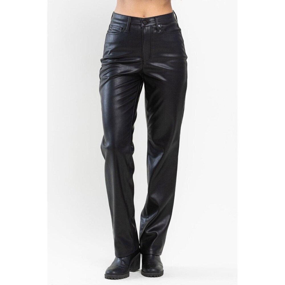 Judy Blue Women's Faux Leather Pants Size 7 / 28 Black Straight High Waist EUC